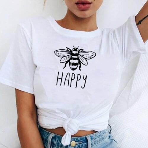 Bee Happy Tshirts Women Short Sleeve Bumble Bee Print T-shirts Summer Fashion Tumblr Shirt Inspiring TShirts Trendy ClothingFK62