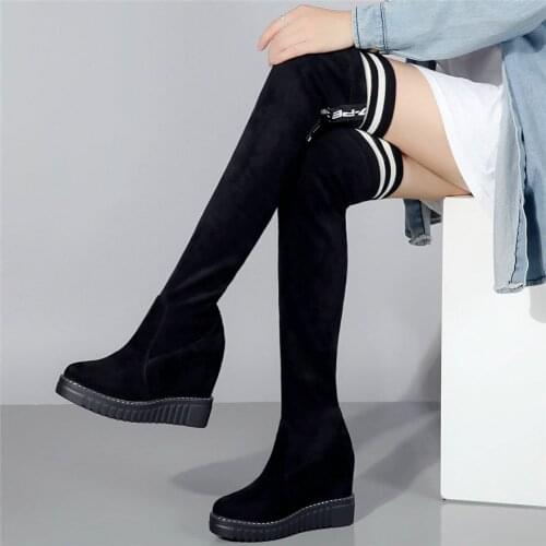 Fashion Sneakers Women Genuine Leather Wedges High Heel Over The Knee Boots Female Round Toe Thigh High Pumps Shoes Punk Oxfords