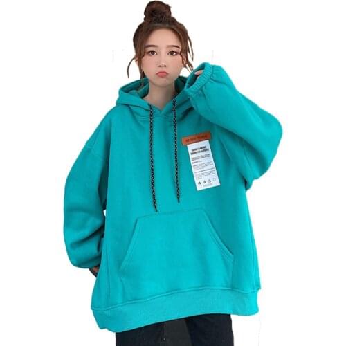 Women Autumn Long Sleeve Solid Color Oversize Leisure Plush Thick Warm Hoodie Sweatshirt Pullover Tops