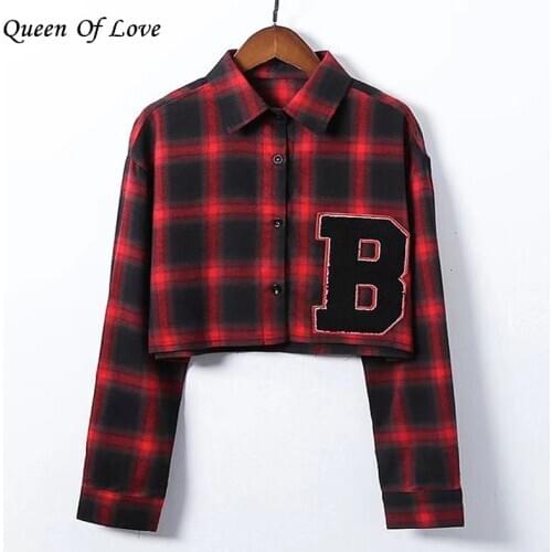 Red Plaid Shirt Women Crop Top Long Sleeve 2021 Spring Fashion Elegant Runway Letter B Design Fall Tops Korean Fashion Clothing