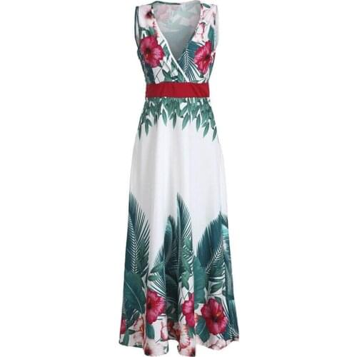 Boho Ethnic Women Floral Printed One-Piece Dress Simple Elegant Sleeveless V-neck Dress Streetwear Feminine Casual Dress