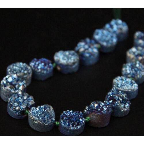 16PCS/strand Blue Green Titanium Quartz Geode Drusy Flat Round Cabochon Beads,Roug Agates Crystal Druzy Coin Slab Nugget Pendant