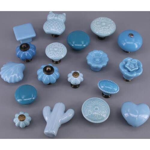 1x Light Blue Ceramic Owl cactus Knob Cabinet Pull Kitchen Cupboard Knob Kids Drawer Knobs Wardrobe closet door handle Pulls