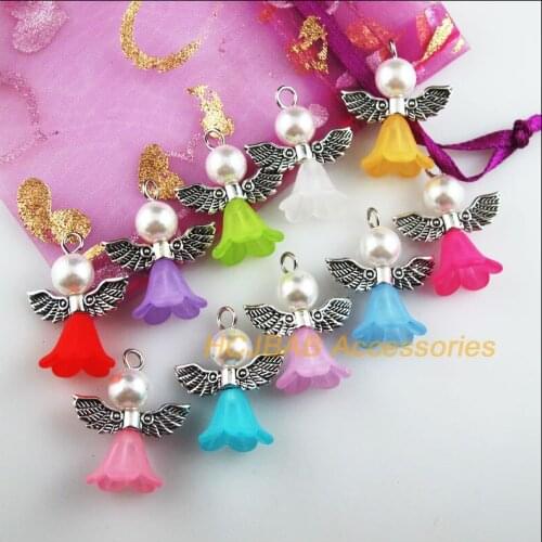 20 New Dancing Angel Charms Mixed Acrylic Tibetan Silver Wings Pendants 21.5x26mm
