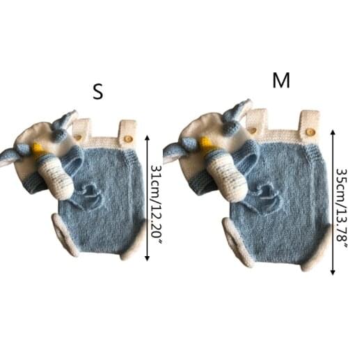 3Pcs/Set Newborn Infant Photography Props Suit Knitted Sleevless Button Jumpsuit Rompers with White Blue Cow Ox Hat Cartoon Milk