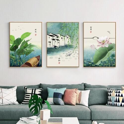 3pcs Nordic Canvas Painting Flowers Traditional Chinese Ink Painting Lotus No Frame wall poster for Living Room Bedroom cuadros