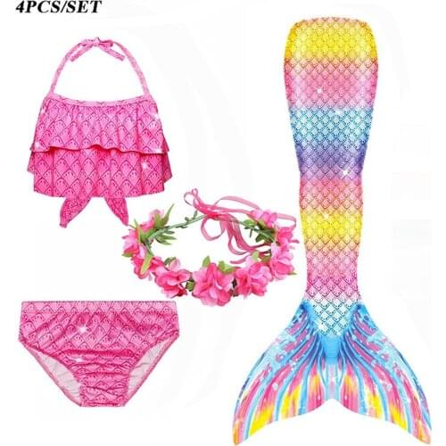 4PCS Kids Swimmable Mermaid Tail for Girls Swimming Bating Bikini Suit Mermaid Costume Swimsuit With Garland Gifts 3-12 Years