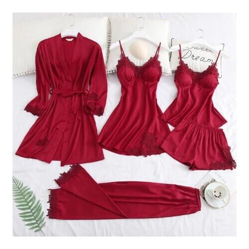 5 Piece Pajamas Set Sexy Lace Stain Women Pajamas Faux Silk Dressing Gown Lace Summer Robe Sleepwear With Chest Pads