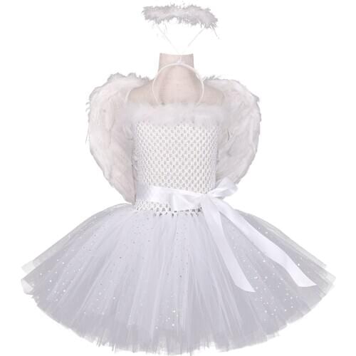 Girls White Angle Tutu Dress with Wings Feather Headband White Glitter Party Tulle Dresses Costume Kids Halloween Costume Photo