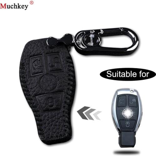 Leather Remote Case Car Key Bag Cover For BENZ 3 Buttons Smart Key Luxury Genuine Hand Sew Black Line 1PC Type C