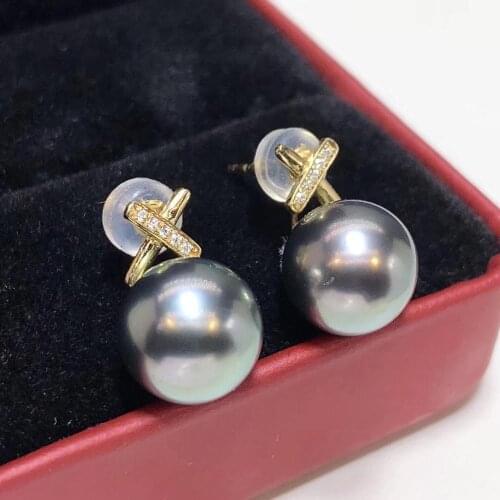 D320 Fine Jewelry Pure 18 K Gold 9-10mm Natural Ocean Tahiti Round Pearls Earrings for Women Fine Pearl Earrings