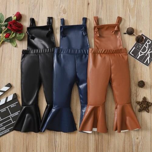 Children Baby Girls High Waist Rompers Summer Clothing Fashion PU Jumpsuit Flared Pants Toddler Solid Sleeveless Playsuits