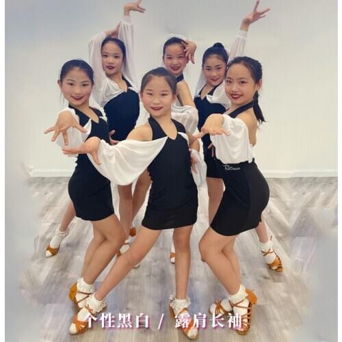ChildrenS Latin Dance Dress For Girls Black White Gauze Sleeve Latin Practice Dress Ballroom Performance Dance Clothes DN7738