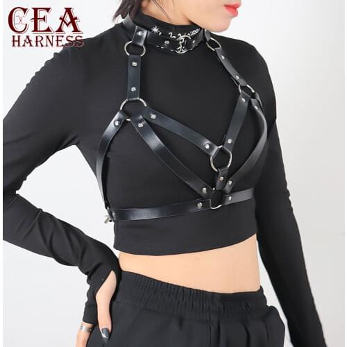 CEA New Gothic Leather Chest Harness Women Adjustable Punk Harajuku Body Bondage Garters Harness Belt Stockings Crop Top Party
