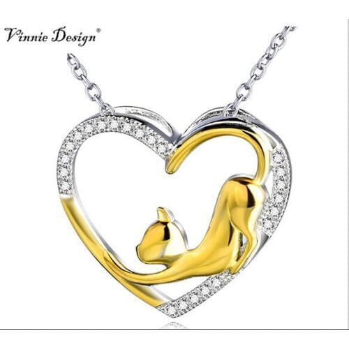 Crystal Heart Pendant Necklace with Gold Color Cat Luxurious Jewelry Necklaces Collier