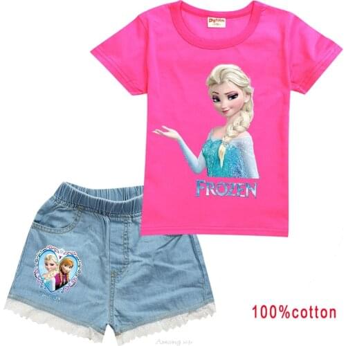 Disney Frozen Anna Elsa Short Sleeveless T Shirts Suits Baby Girl Summer Toddler Clothes Set Cartoon Vest Children Baby Clothing