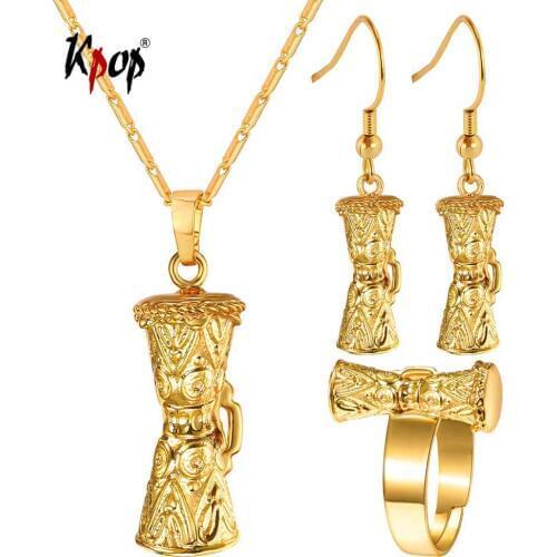 Kpop KUNDU Drum Necklace Earrings Ring Yellow Gold Color Indian Papua New Guinea Drum Jewelry Sets For Women PER2404
