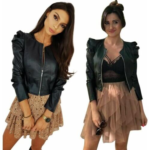 Womens Long Puff Sleeve PU Leather Zipper Ladies Coat Jacket Bomber Cropped Tops