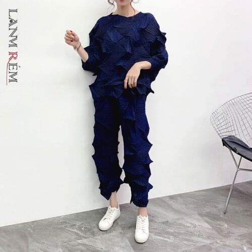 LANMREM 2021 Roud Neck Full Sleeves Pleated Three Quarter Sleeves T-shirt And High Waist Elastic Wide Legs Pants Set 19B-a595