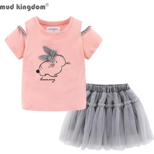 Mudkingdom Cold Shoulder Girl Skirt Set Animal Print Summer Outfits for Girls Cartoon Print Elephant Summer Kids Clothes