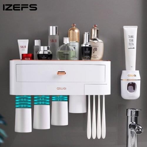 IZEFS Magnetic Toothbrush Holder For Restroom Wall-mounte Toothpaste Squeezer Toilet Storage Shelf Home Bathroom Accessories Set