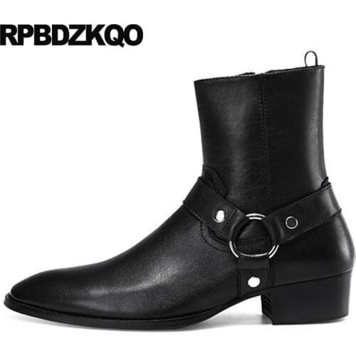 Metalic Black Chunky Luxury Vintage Motorcycle Boots Ankle Zipper Embellished Harness Pointed Toe Riding Shoes Men Full Grain