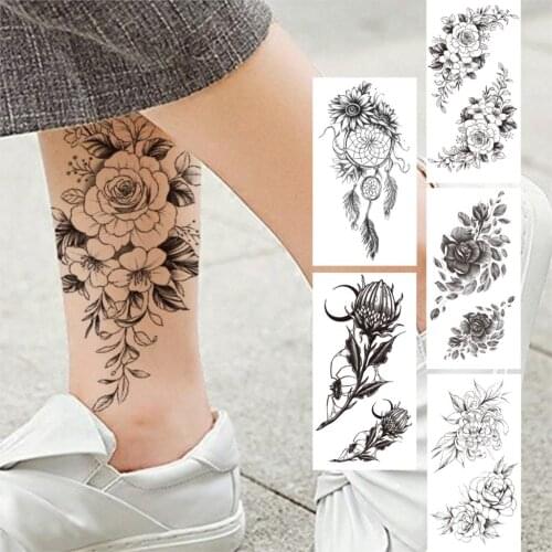 Fashion Rose Peony Temporary Tattoos For Women Girls Fake Moon Flower Tattoo Sticker Black Dream Catcher Feather Tatoos Paste