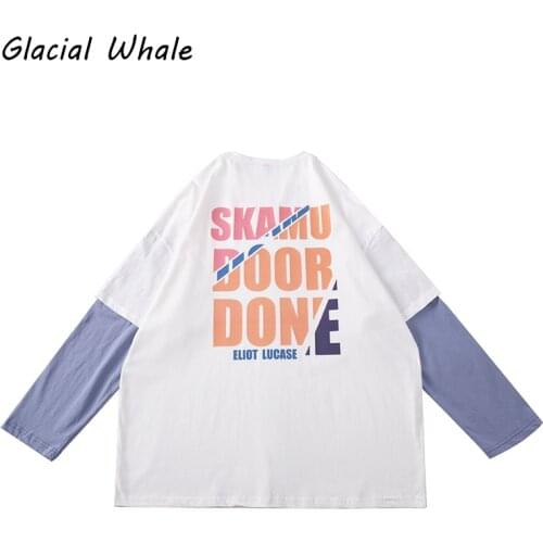 GlacialWhale Long-sleeved Mens New 2021 Autumn Fake Two-piece T-shirt Male Hip Hop Streetwear Round neck Trendy Mens Clothing