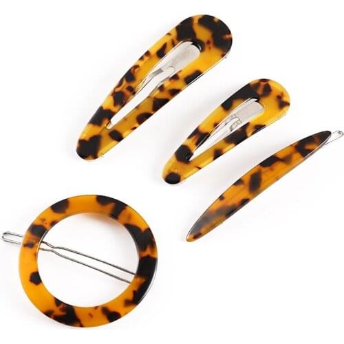2021 New Round Drop Shape Leopard Pattern Resin Side Clip Acetate Plate Hairpin Marble Pattern Frog Clip Geometric