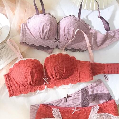 Wasteheart New Women Fashion Red Pink Sexy Lingerie Bras Cotton Panties Wireless Bra Sets Underwear A B Luxury Lovely