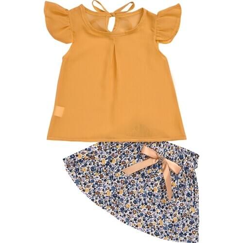 Girls Clothes Tops T-shirt Bow Floral Skirt 2 Pieces Childrens Suit Clothes