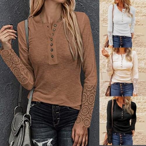 Autumn Women Tshirts Top Solid Lace Splicing Long Sleeve T shirt for Women Sexy Button O Neck Pollovers Tops femme t-shirts