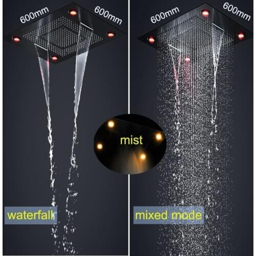 Hotel Matte Black Plating 4 Functions shower head ceiling flush rain mist waterfall curtain shower panel led bathroom accessorie