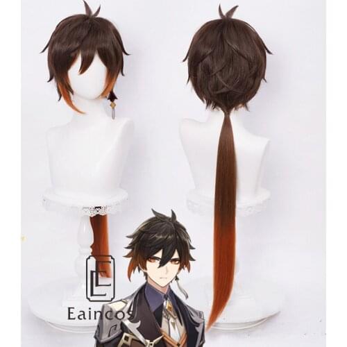Zhongli Cosplay Wig Genshin Impact 90cm Long Christmas Brown Orange Hair Anime Cosplay Halloween Heat Resistant Synthetic Wigs