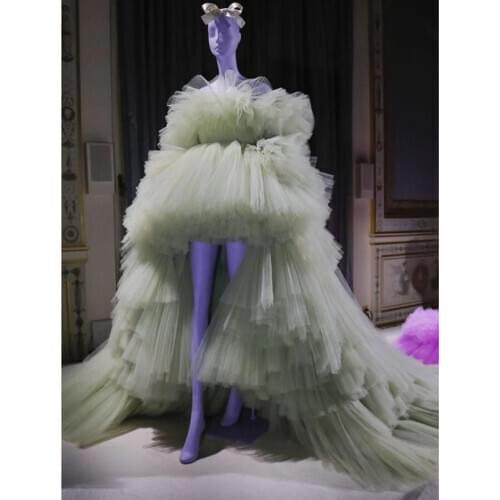 Haute Couture High Low Prom Gown Dresses Layered Tulle Lush Puffy Pageant Formal Dress with Detachable Long Train robe de soiree