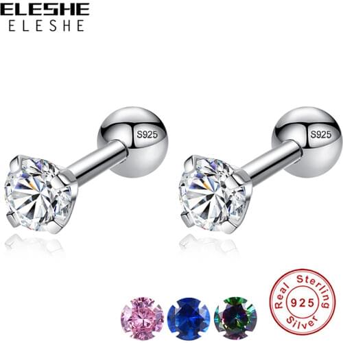 ELESHE CZ AAA Zircon Crystal Round Small Stud Earrings Wedding 925 Sterling Silver Earring for Women Girls Fashion Jewelry Gift