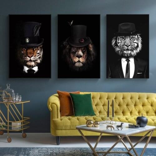 Tiger and Lion Gentleman in the Clothes Painting on the Wall Art Posters and Prints Canvas Animals Pictures for Bed Room Decor