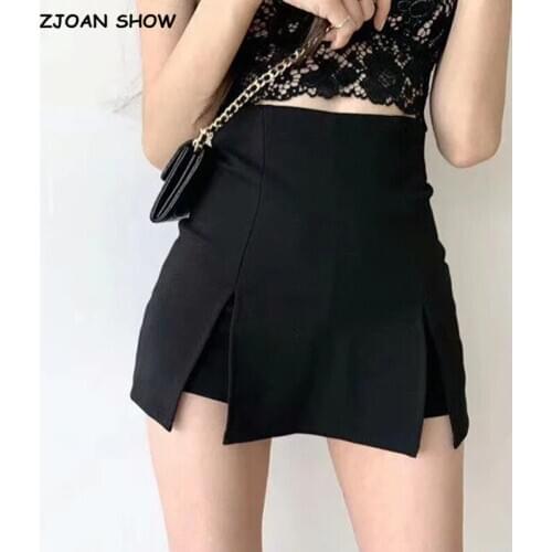 2020 Summer High street Split Mini Skirt With short lining Sexy A-line Package Hips Mini Short Skater Party Femme Black White