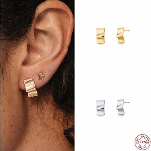Aide 925 Sterling Silver Smooth Square Plate Wave Stud Earrings For Women Minimalist Trendy Ear Stud Party Fine Jewelry Gift