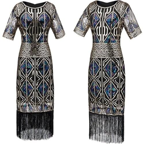 Women Vintage 1920s Dresses Floary Beaded Cocktail Flapper Dress with Sleeves Gatsby Party Plus Size