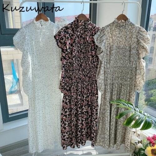 Kuzuwata Vintage Stand Collar Puff Sleeve Women Dress 2021 New Slim Waist Pleated Vestidos Mid Length Flower Print Dresses