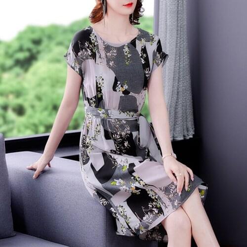 Vintage Women Print Mulberry Silk Midi Dresses Summer Casual Chiffon 4XL Beach Dress 2021 Elegant Bodycon Party Runway Vestidos