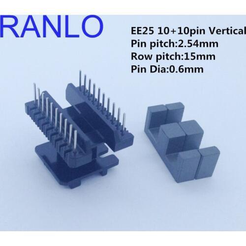 10sets/lot EE25 EI25 10+10pin Vertical bare transformer bobbin frame magnet ferrite core PC40 20pin