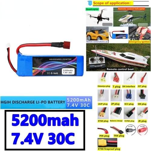 100% original high-rate car model battery 5200mah 2S-7.4V 30C model airplane lithium battery car model aerial drone battery