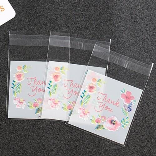 100pcs Flower Pattern "Thank you" Self-Adhesive Cookie Candy Bags Biscuit Baking Packaging Bag Wedding Gift Bag