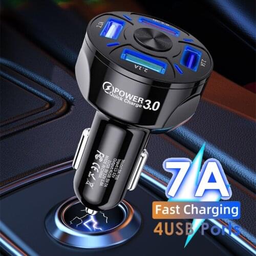Car Mobile Phone Charger 7A 4 USB Port Quick Charge Adapter LED Charging Indicator For iPhone 12/12 Pro Max Xiaomi 11 Huawei P40