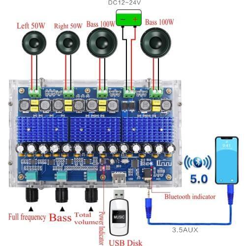 Bluetooth 5.0 TPA3116D2 4 Channel 50Wx2+100Wx2 Digital power amplifier board Stereo Dual Bass Subwoofer AMP home theater XH-A310