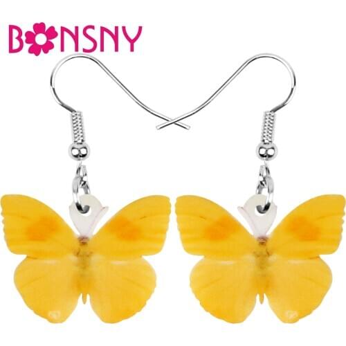 Bonsny Acrylic Yellow Pink Butterfly Earrings Big Print Insect Animal Dangle Drop Jewelry For Women Girl Novelty Gift Decoration