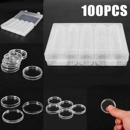 New Coin Collection Storage Box Case Holder Clear Display Album + 27mm/30mm 100pcs Capsule Case Transparent Round Storage Box