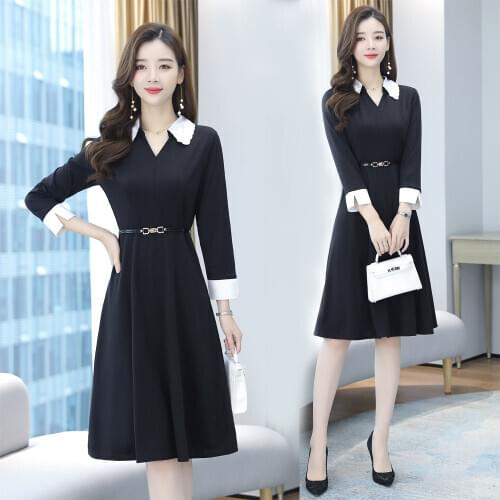 Elegant office ladies work dress women autumn winter long sleeves V-neck A-line slim tunic dress French Female midi dress robe